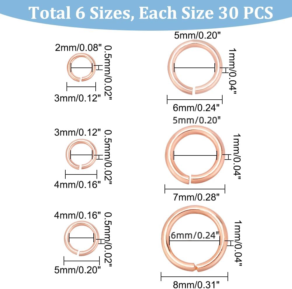 AHANDMAKER 180 Pcs 2-6mm Open Jump Rings, 6 Sizes Brass Jump Rings, Round Linking Rings, Jewelry Rings Connectors for Earring Necklace Bracelet Keychain DIY Jewelry Making, Rose Gold