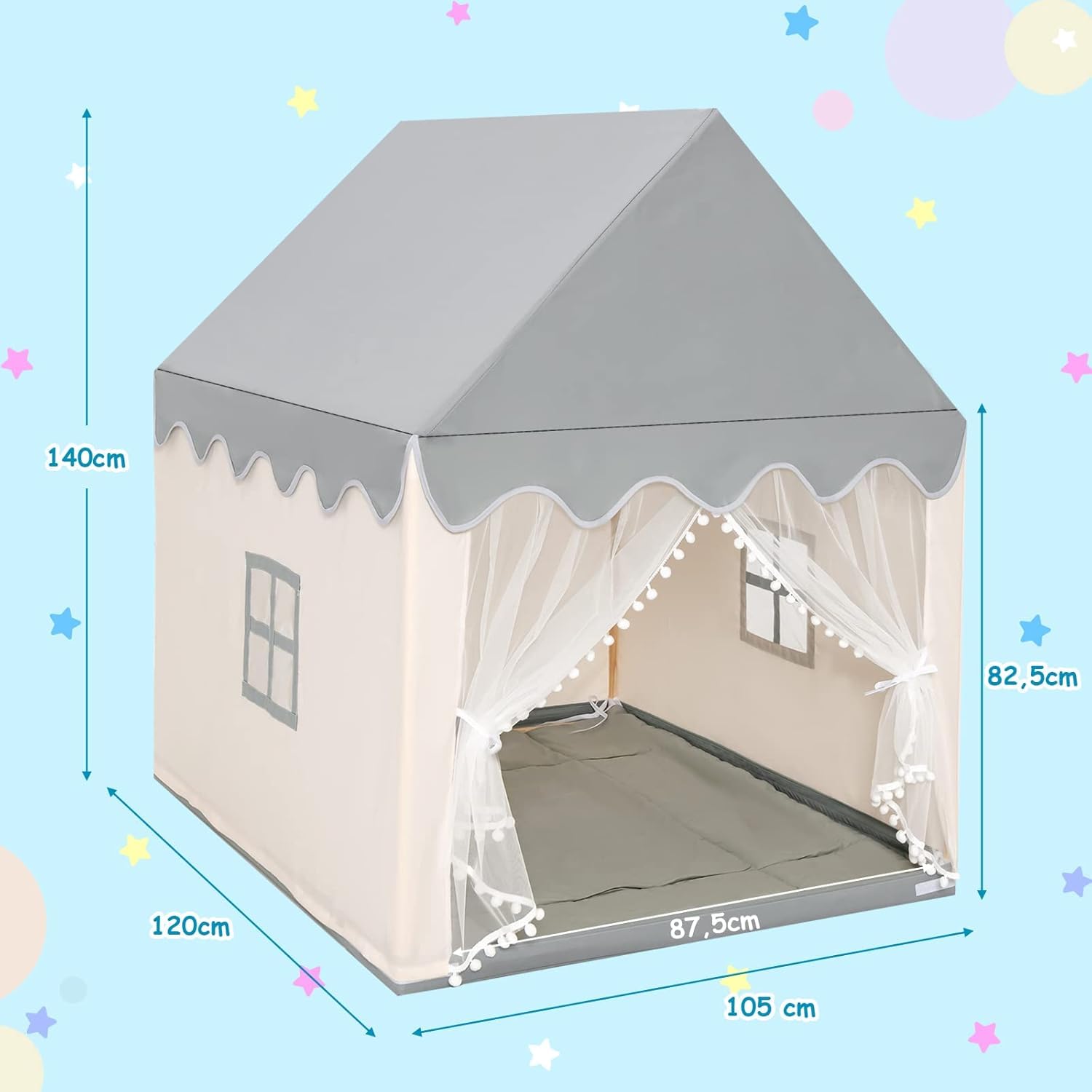 GOPLUS Spielhaus Kinder Indoor, Kinderzelt mit gepolsterter Matte, 2 Fenster, Vorhänge, Hausform Spielzelt für Kleinkinder, Zelt Kinderzimmer mit Holzrahmen für Kinder ab 3 Jahren (Grau+Beige)