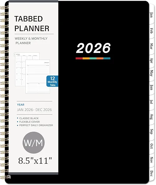 Planner 2026 – Jan. 2026 - Dec. 2026, 2026 Planner Weekly and Monthly, 8.5" x 11", Calendar Planner 2026 with Monthly Tabs, Spiral Binding, Thick Paper - Classic Black