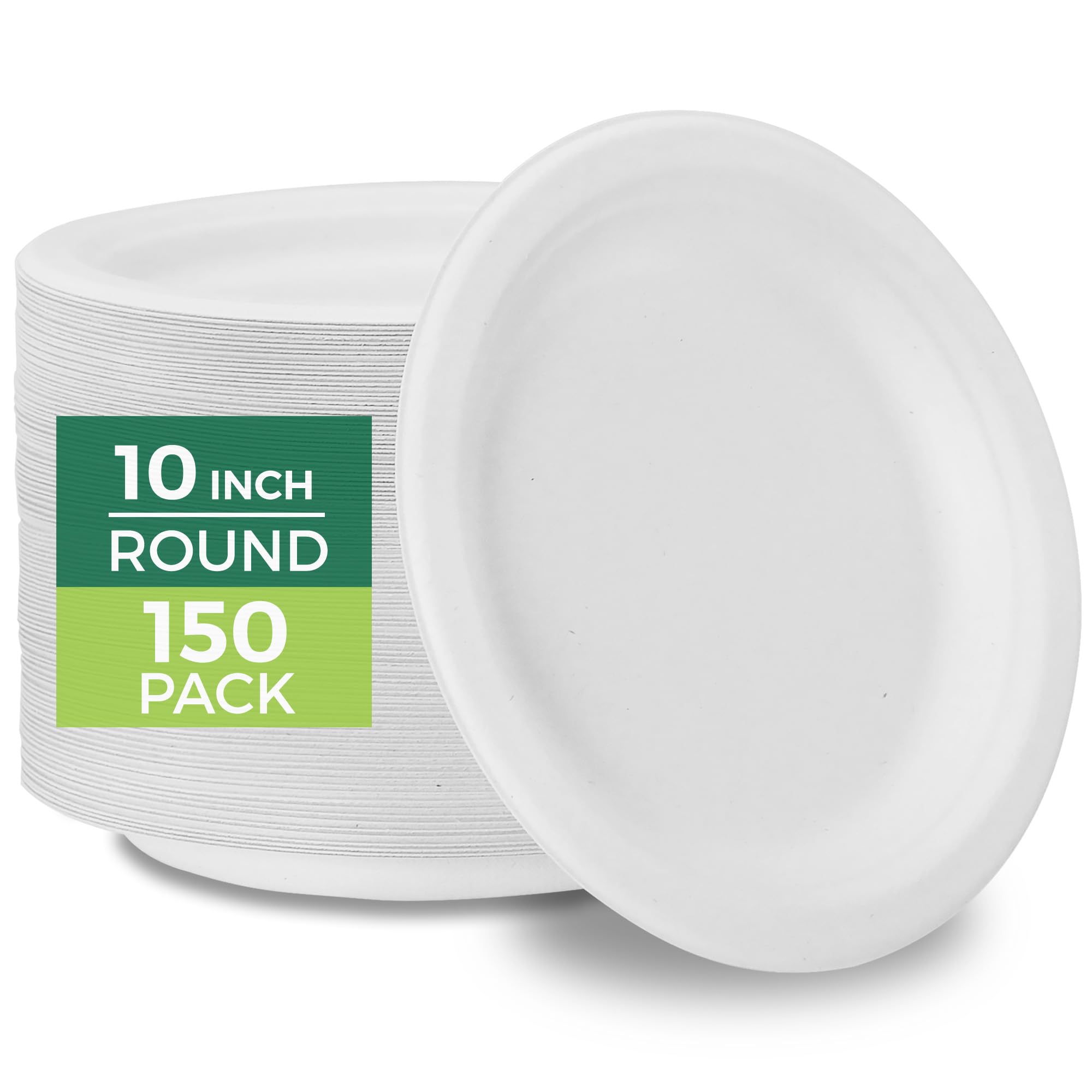 Freshware Paper Plates - Disposable 10" Plate, Biodegradable Sugarcane Fiber Dinner Plates - Heavy Duty Dinnerware for Hot Food - Microwave & Freezer Safe, Stackable Dinnerware - 150-Pack, 10 Inch