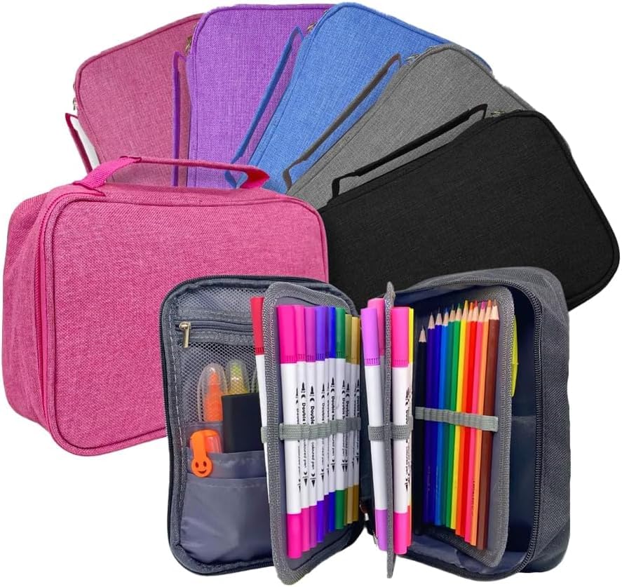 Estojo Escolar, Grande Capacidade, Box Jumbo Com Alça E Elastico Para 72 Canetas Ou Lápis, Feminino Masculino, Organizador Divisórias Zíper (Azul)