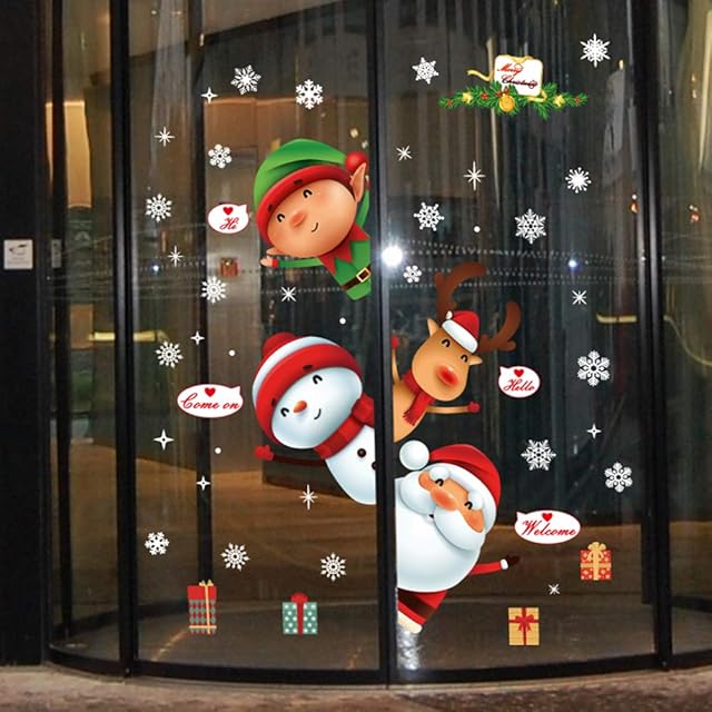 YULOONG Christmas Windows Static Stickers Clings Removable Vinyl Santa Claus Christmas tree Snowman Snowflake Deer DIY Wall Window Door Mural Showcase Decal Sticker