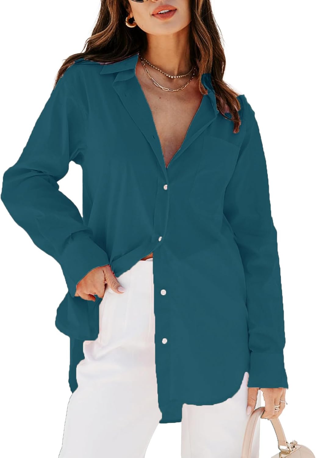 siliteelon Womens Button Down Shirts Dress Shirts Long Sleeve Blouses V Neck Solid Casual Tunics Tops with Pockets