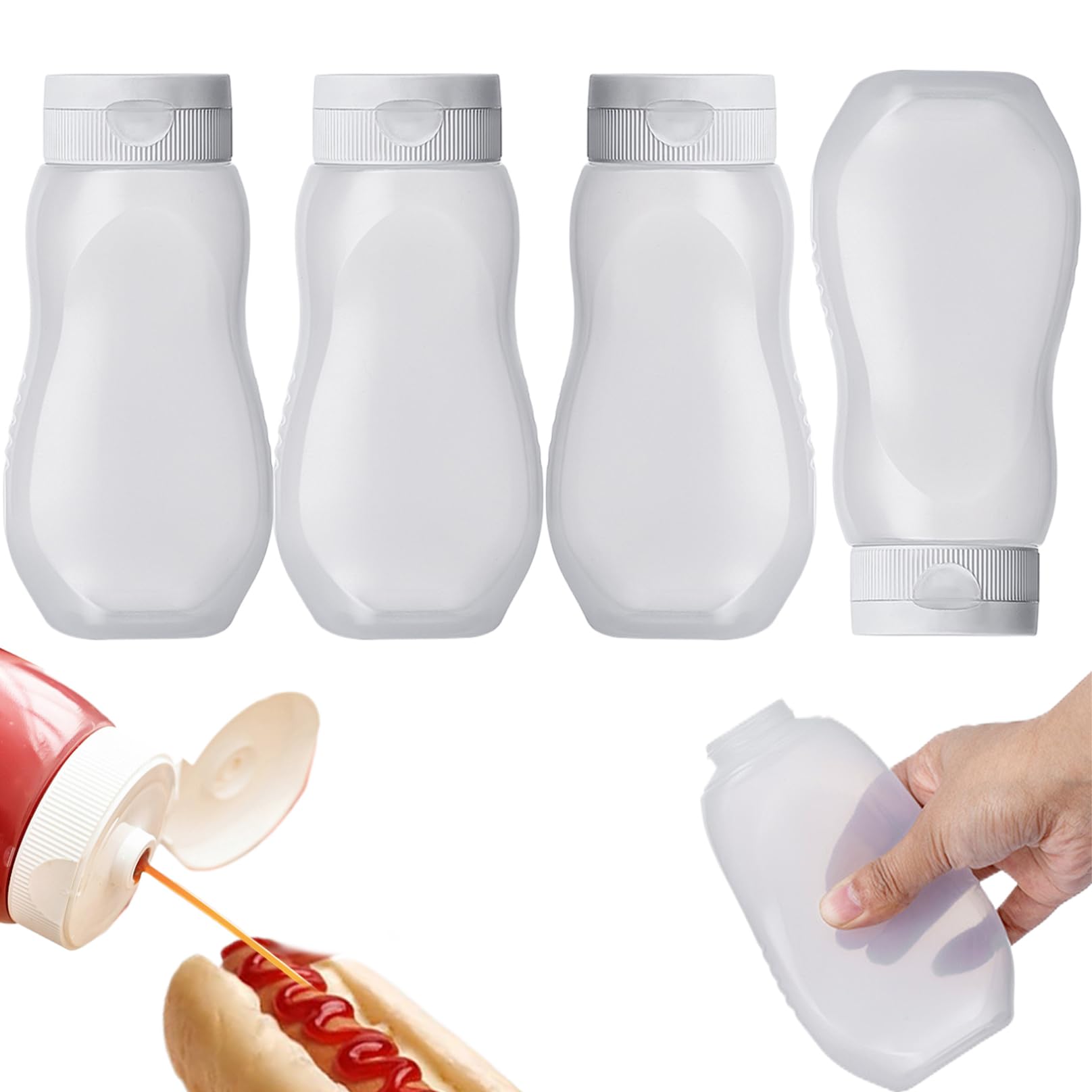 Ameble 4PCS 11 Oz Clear Squeeze Bottles for Sauces, BPA Free Ketchup Bottles with Flip Top Cap, Leakproof Salad Dressing Container, Condiment Squeeze