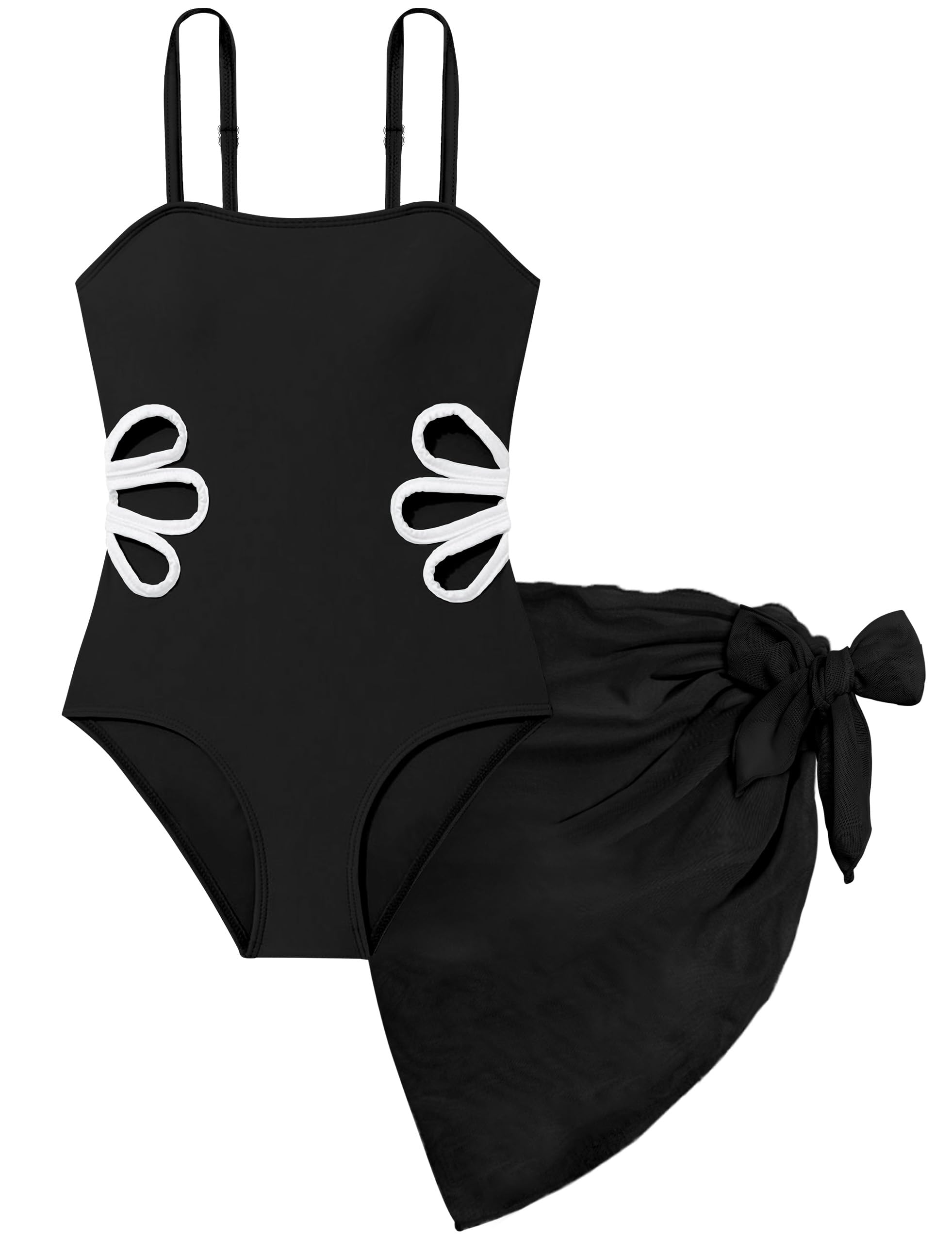 Girls Swimsuit Adjustable Straps Cut Out One Piece Bathing Suit with Solid Color Cover Up Skirt Girls' Swimwear 5-16Y