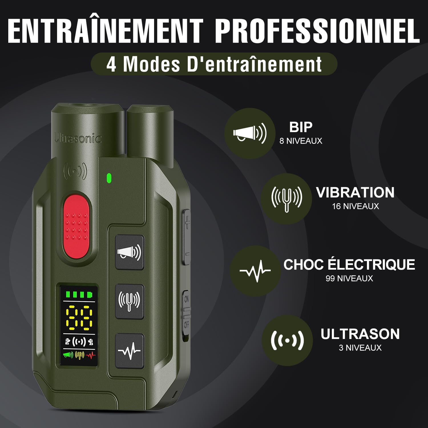 Collier de Dressage pour Chien 2 en 1 – Mode Ultrason Anti-Aboiement (Portée 5 m) & Télécommande 1000 m, Bip, Vibration & Choc Sécurisé, Étanche IP67 & Rechargeable, Vert