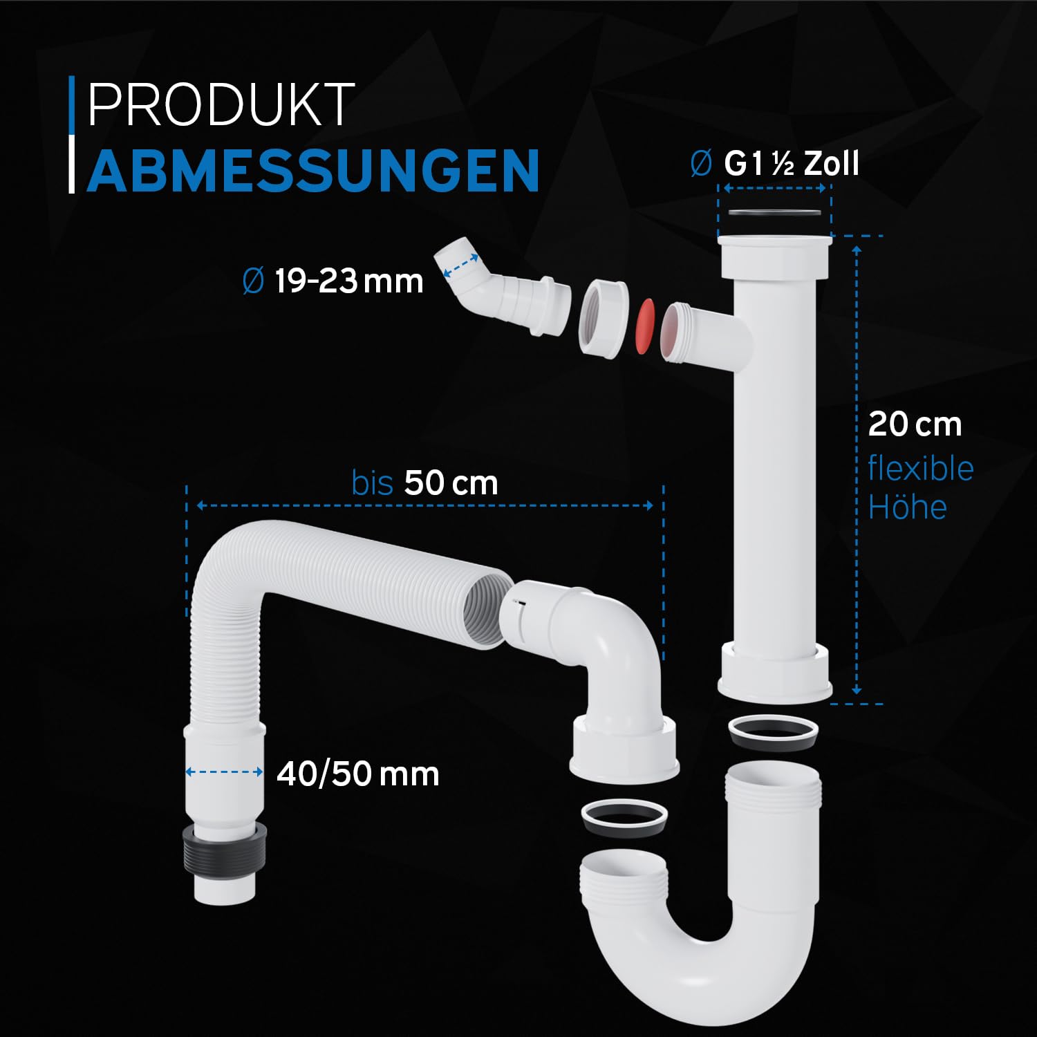 Siphon Flexible Anti-Odeurs 1 1/2" X 40/50 Mm – Pour Évier Cuisine, Lave-Linge/Lave-Vaisselle, Plastique Robuste Kör4u