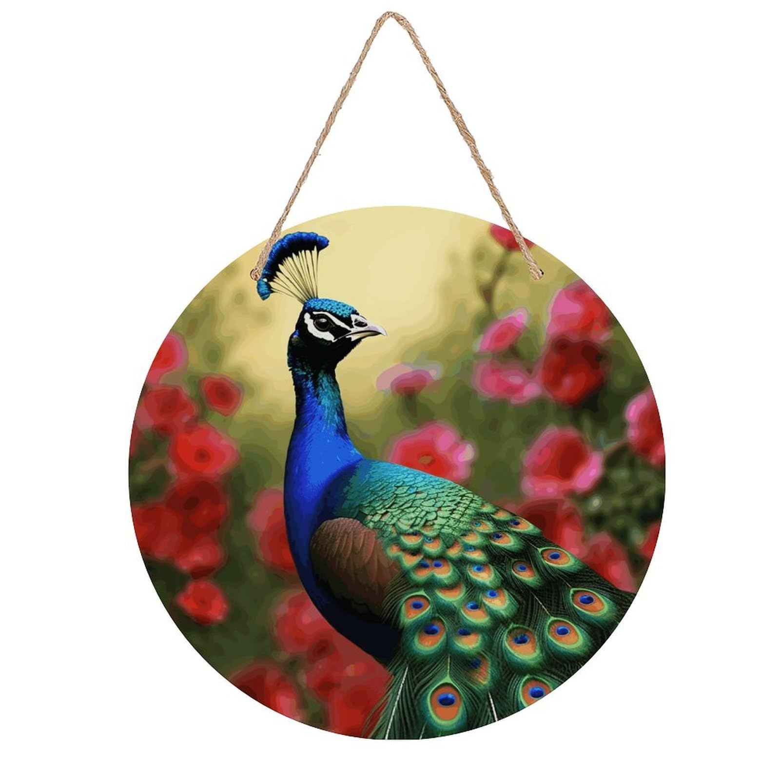 VstaDank Peacock Flowers Wall Art Decor with Ropes Wooden Hanging Sign Hanging Wall Decor Artwork Round Wood Painting Modern Wall Prints Decor Picture for Office Bar Home Decors