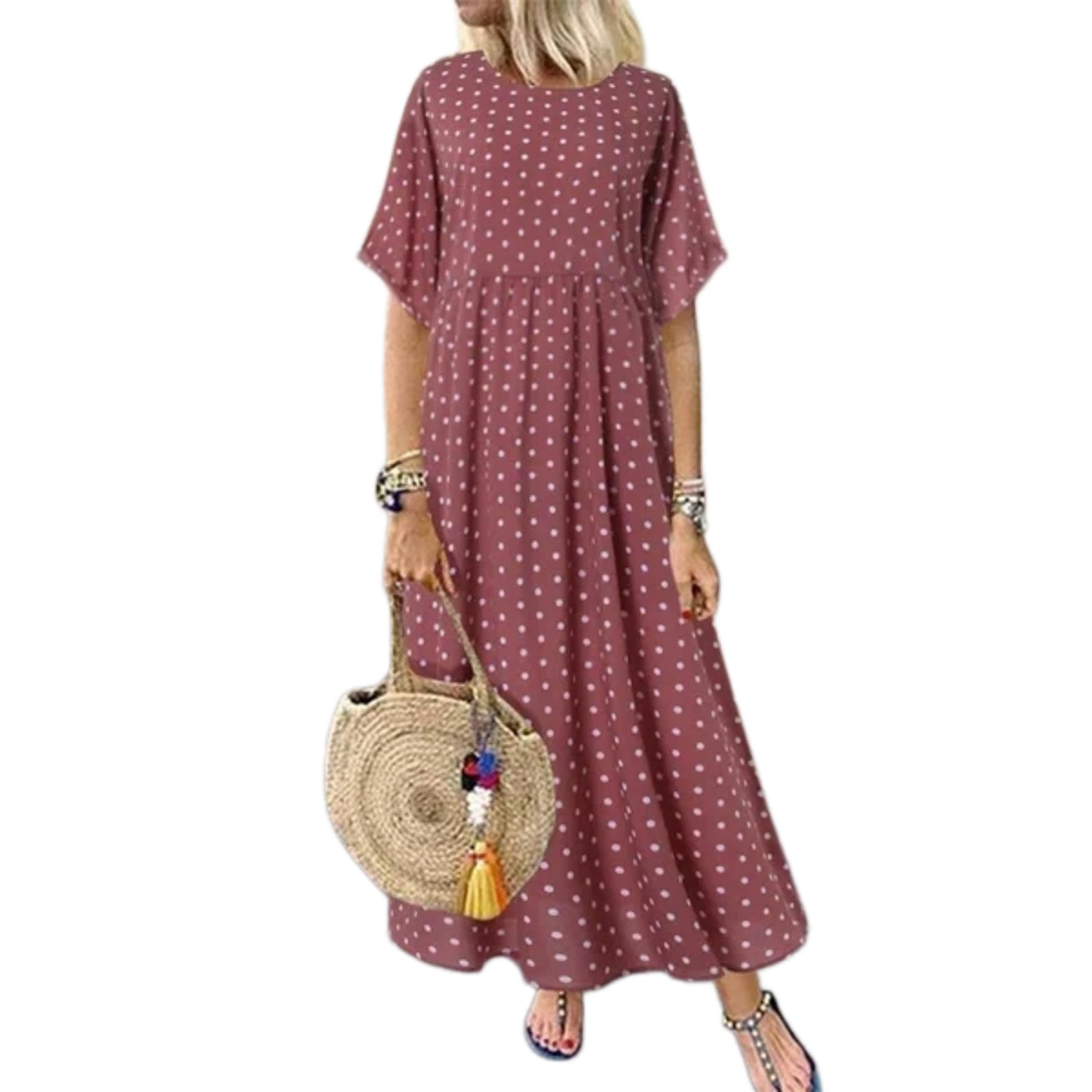Abito Vintage Stampato Estate a Maniche Mezze Abito Largo Casual Donna Plus Size Vestito Lungo Grandi Vesti Vesti