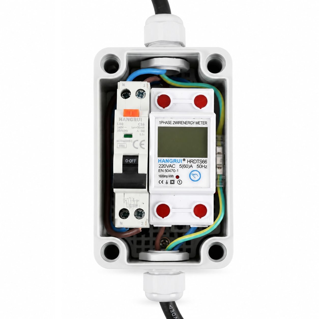 Contador de electricidad móvil 230 V 16 A con interruptor de circuito FI | Indicador LED con función de memoria, botón de reinicio y 2 cables de 1,5 m