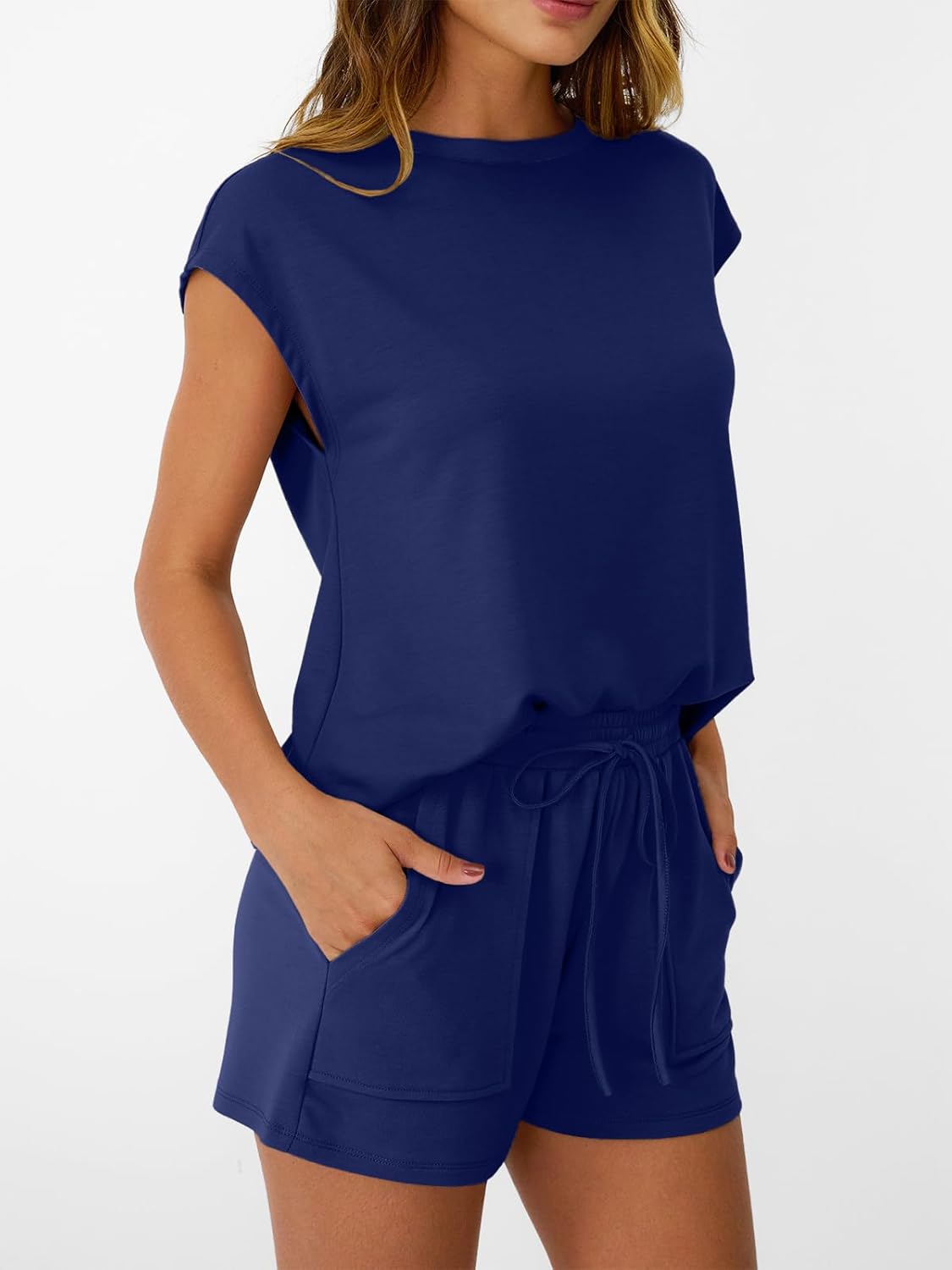 AUTOMET Womens Crew Neck Two Piece Short Sets Cap Sleeve Drawstring Summer Sweatsuit with Pocket - Image 3