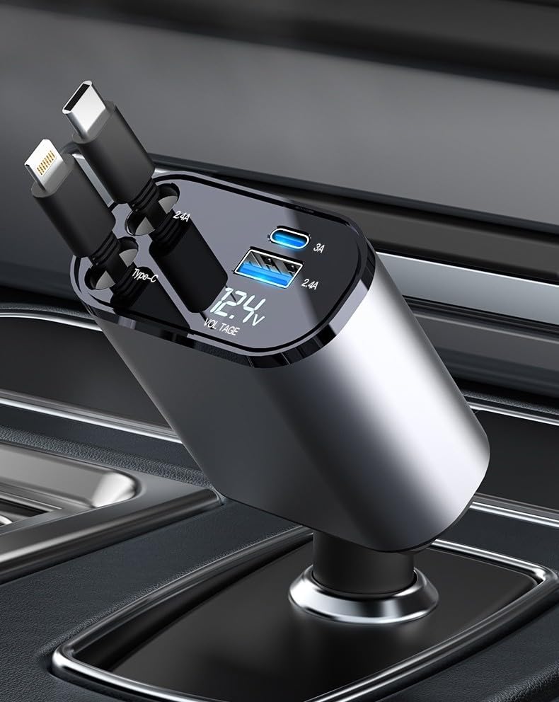 SPANTER Fastest Retractable Car Phone Charger, 120W Super Fast Charging, USB-A and Type-C Ports, Retractable Cables, Compatible with All iPhones, iPads and Android Phones.-image-6
