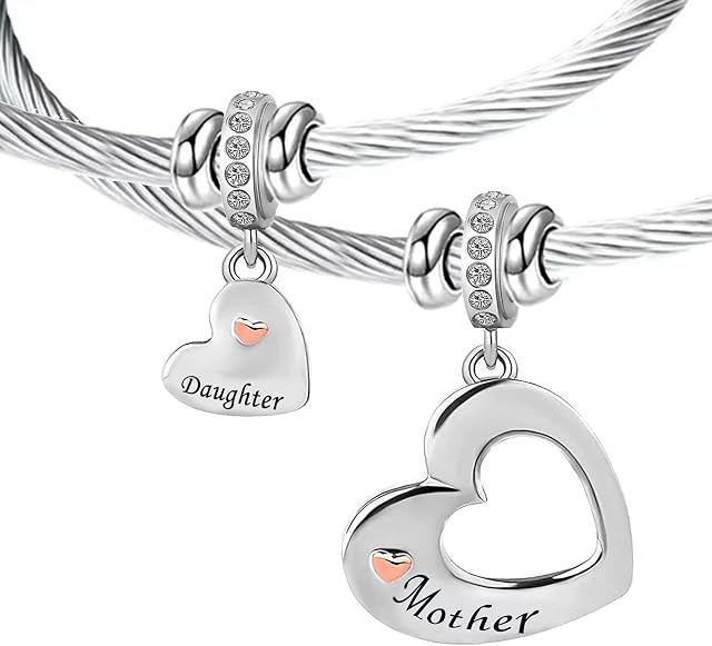 KunBead Jewelry Mum Mother and Daughter Love Heart Charm Adjustable Matching Bracelets Stainless Steel Bangle Gift for Daughter from Mum Mothers Day Gifts