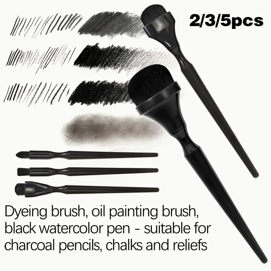 Ergonomic Handle Painting Brush Set, 2/3/5pcs Black Professional Art Brushes for Oil, Watercolor, Ink and Charcoal, Durable Plastic Grip for Precision Control, Ideal for Chalk, Pastels and Embossing