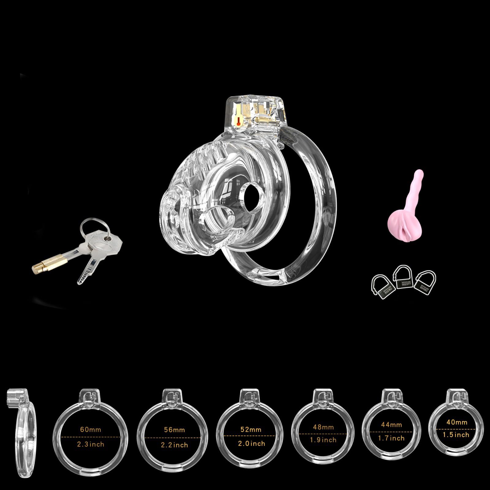 Cage de Chasteté en Silicone Chastity Cage avec 6 Anneaux de Tailles Différentes Sex Toýs Homme Cage à Pénis avec Cathéter et Serrure Cage Chastetée pour Immobiliser le Pénis (Transparent,S)