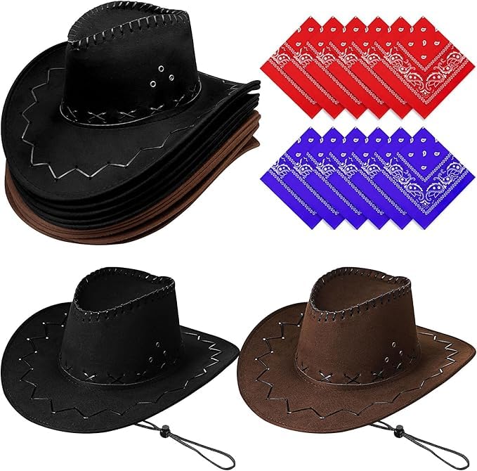 12 Stück Cowboyhut Faschingshut mit Bandana, Cowboy Karneval,Westernstyle Karnevalskostüm Faschingskostüm Herren Damen Western Party für Damen Herren