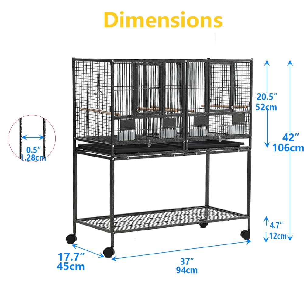 Vogelkäfig groß, Doppelkäfig Vögel mit 4 Rollen, Trennwand & Futternapf, Vogelvoliere aus Metall mit 4 Holzstangen & herausziehbarer Reinigungswanne, Zuchtkäfig geteilter Vogelhaus 94x45x106cm