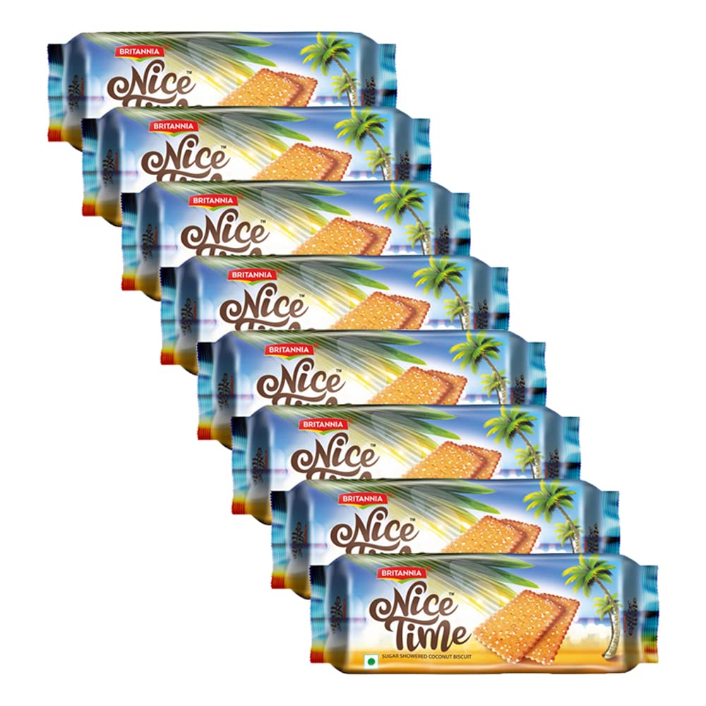 Britannia Nice Time 5.29oz (150g) - Delicious Coconut Biscuit Crunchy - Kids Favorite Breakfast & Tea Time Snacks (Pack of 8)