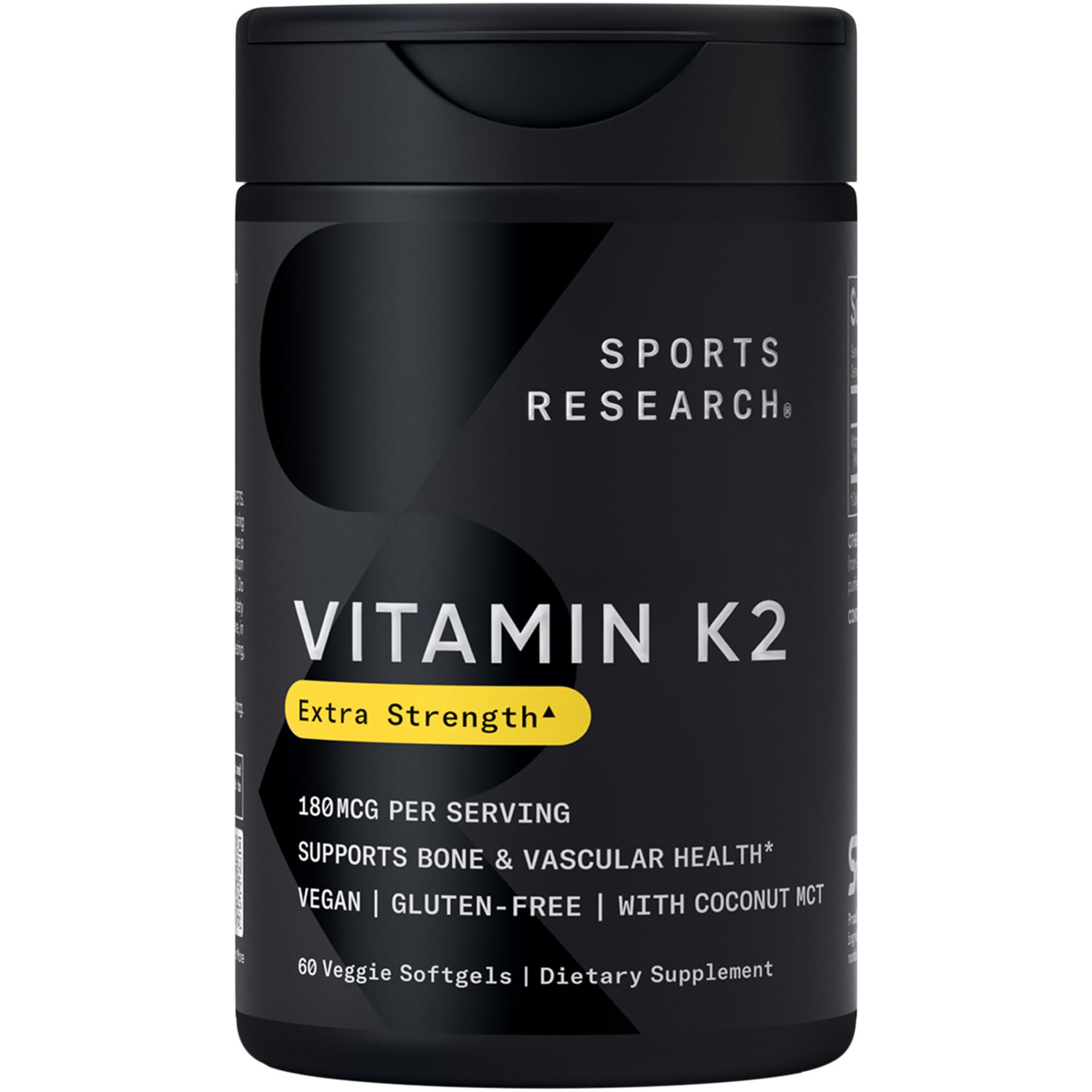 Sports Research® Extra Strength Vitamin K2 as MK-7 180mcg with Coconut MCT Oil - 60 Veggie Softgels - Vegan Certified, Non-GMO Verified & Gluten-Free
