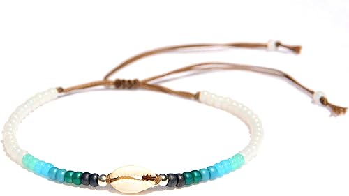 Miniatura 7 de Tobillera de concha para mujeres, pulsera de tobillo con cuentas de concha cowrie natural ajustable e impermeable, cuentas azul turquesa aqua