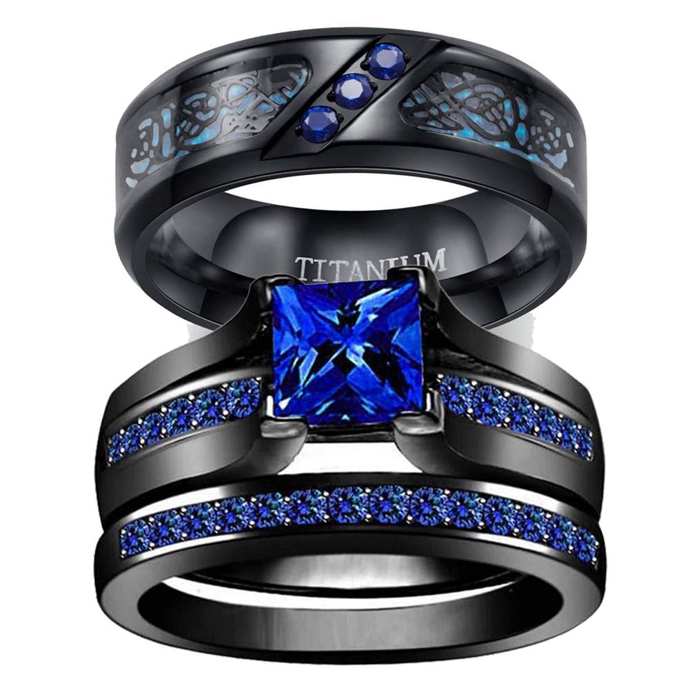 WRS WEDDING RING SETTWO RINGS His Hers Wedding Ring Sets Couples Rings Women's Black Gold Plated Blue Sapphire CZ Wedding Engagement Ring Bridal Sets & Men's Titanium Wedding Band
