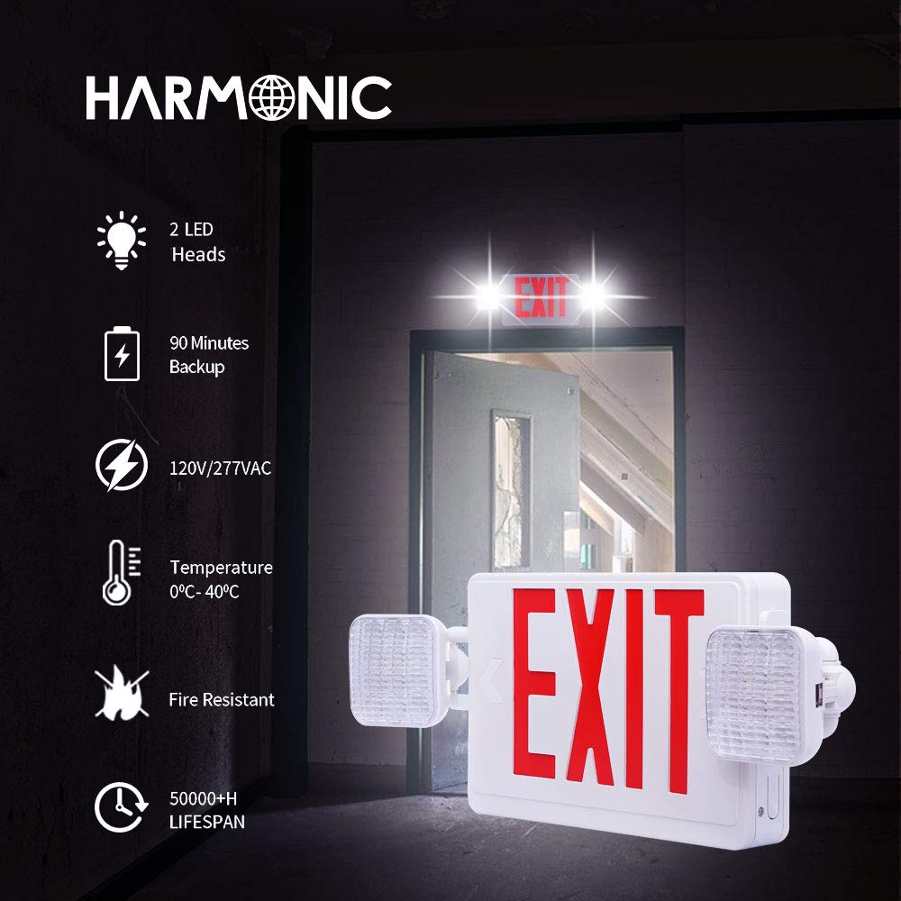 Harmonic LED Exit Sign UL Certified AC 120V/277V Red Emergency Exit