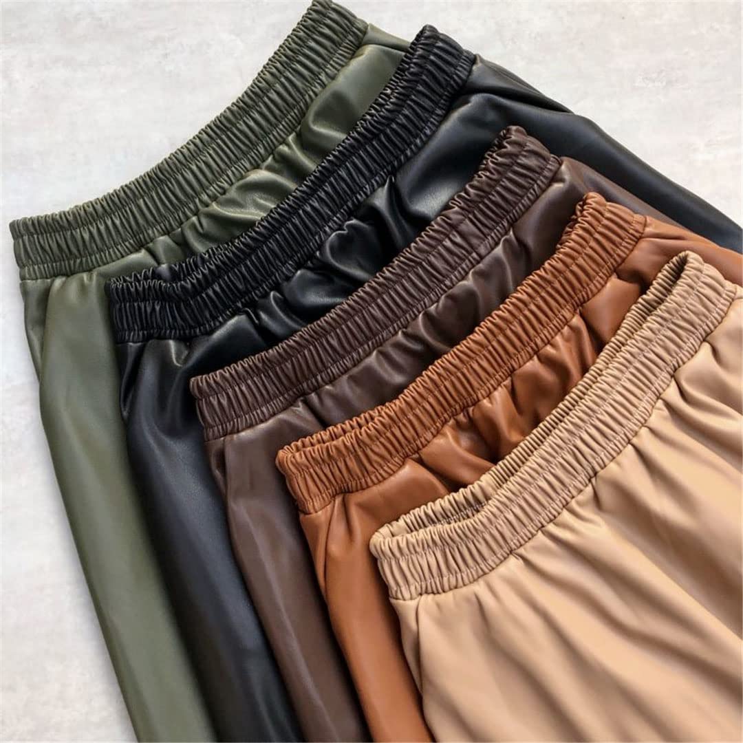 Faldas largas de Piel sintética para Mujer, con Bolsillos, Cintura elástica, Corte en A, Falda Acampanada (Beige, Talla única)
