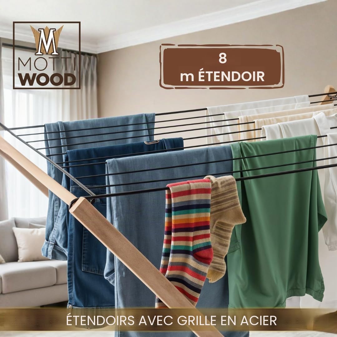 Mottiwood Étendoir à linge haut de gamme, gain de place, 8 m, avec grille en métal pliable, dimensions 92 x 67 x 92 (H) cm, séchoir structure en bois de hêtre, fabriqué en Italie