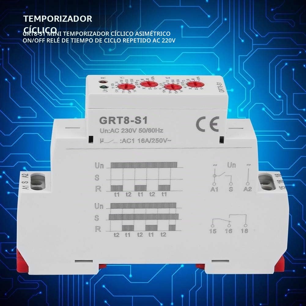 DEWIN Relé de Tiempo de ciclo asimétrico 220V AC, GRT8-S1 Relé de Retardo de Tiempo para carril DIN Relé de retardo modular de Encendido/Apagado