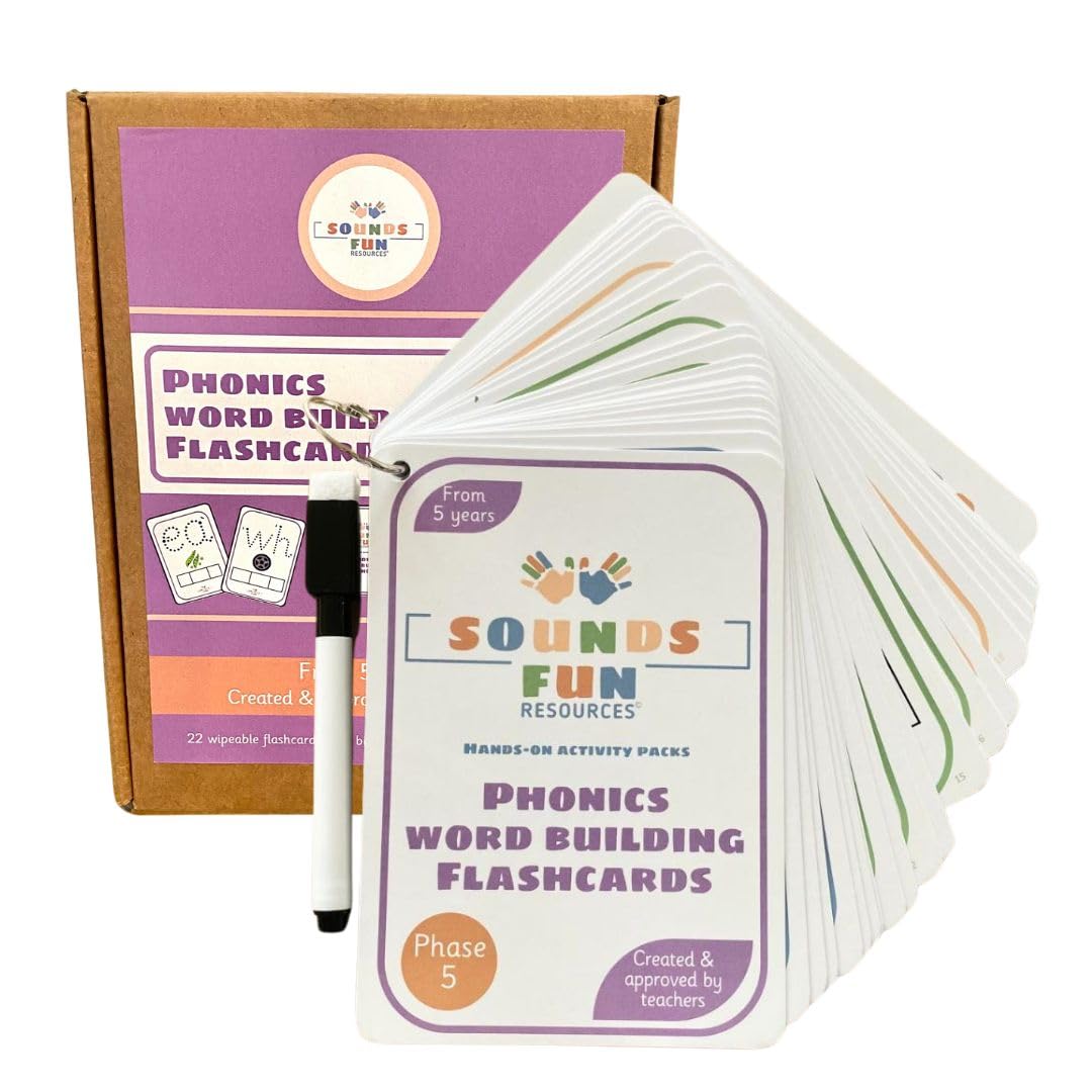 Phase 5 Word Building Phonics Flashcards, Wipeable A6 Educational cards for Children Ages 5+, Laminated with Binder Ring & Pen, Dotted Font & Word Building Frames, Home & School, Sounds Fun Resources