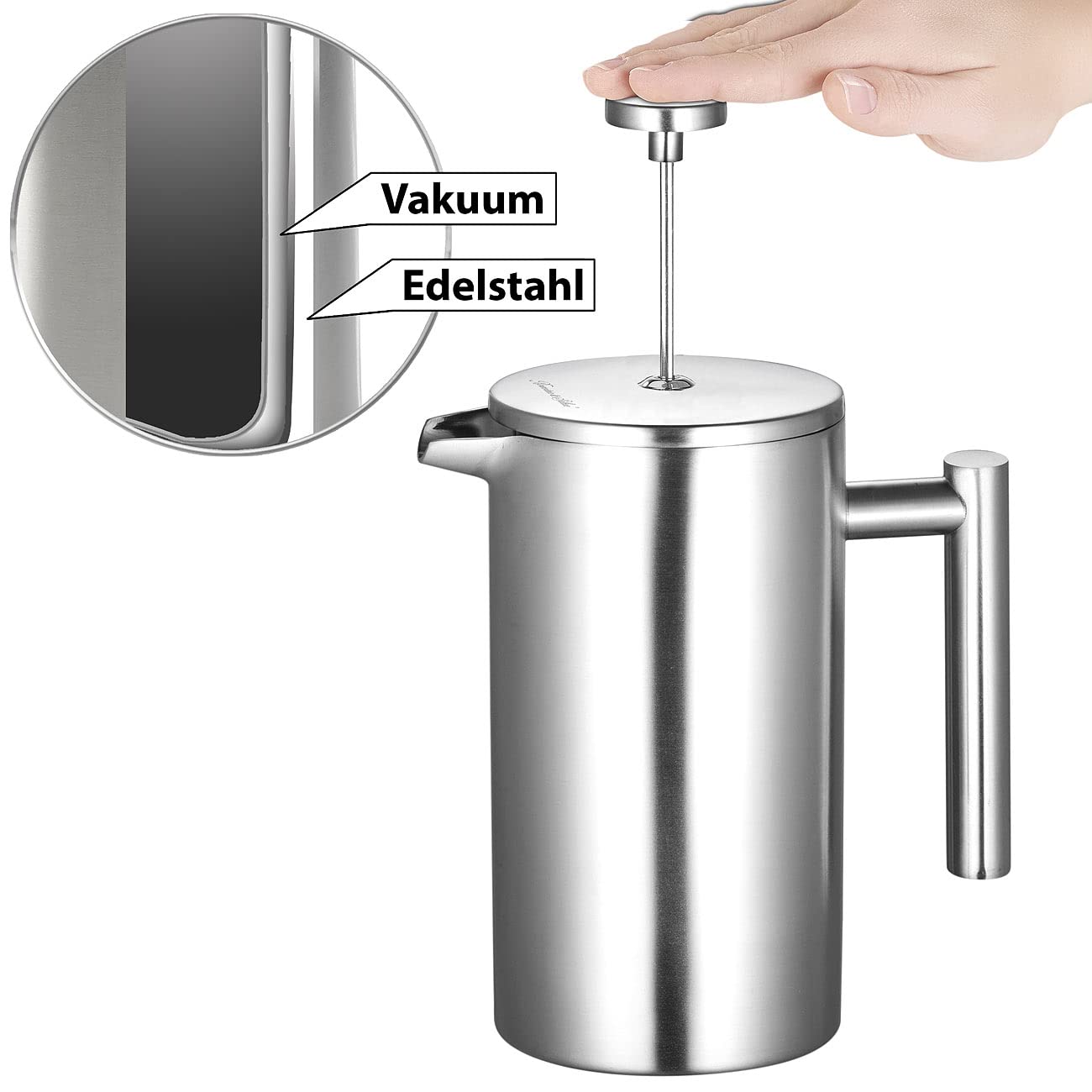 Rosenstein & Söhne Isolier Kaffeebereiter: 2er-Set Thermo-Kaffeebereiter, French-Press, Edelstahl, 1 Liter (doppelwandig, Press-Kaffeemaschine, Tasse)