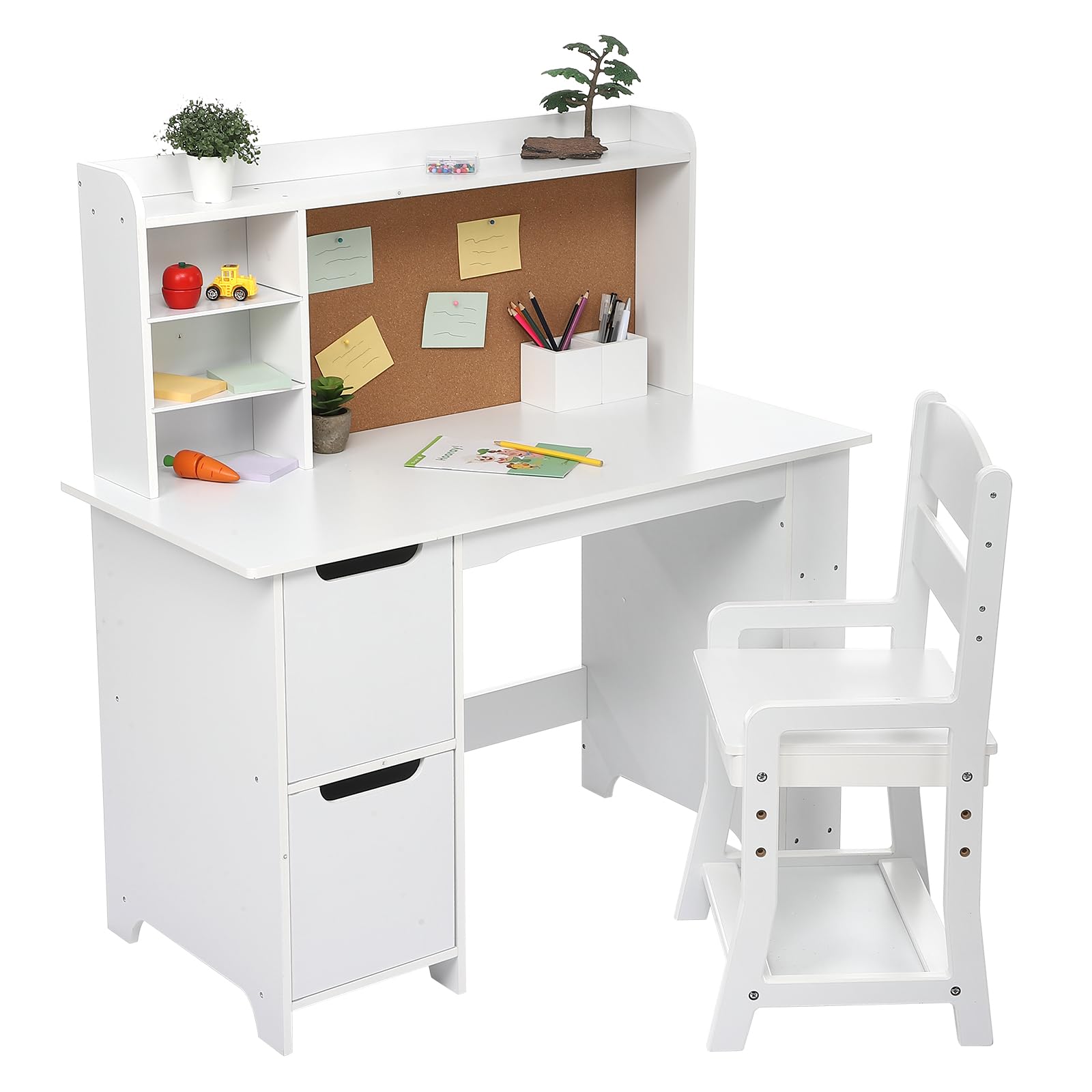 GarveeHome Kids Desk and Chair Set, Wooden Study Table with Storage Shelf, Bulletin Board, Children School Learning Desk Set, Writing Table for Boys and Girls, White