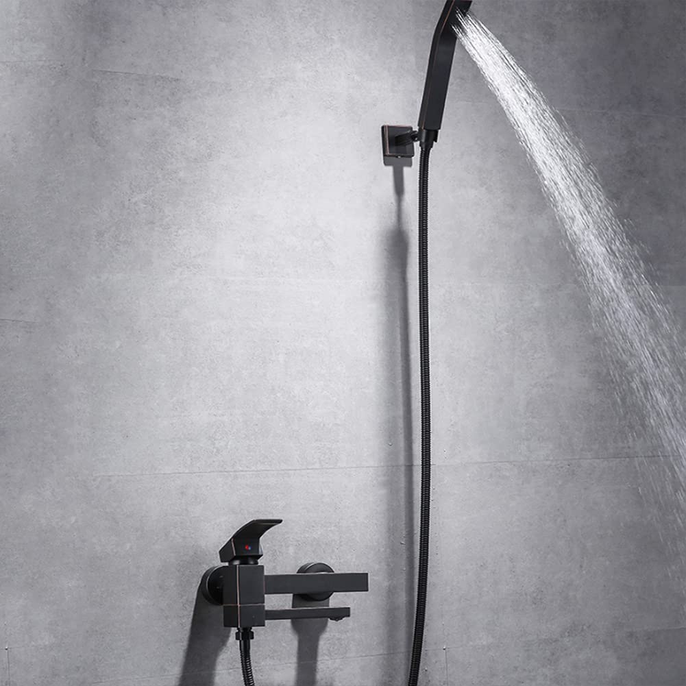 Moderno grifo de bañera montado en la pared con ducha de mano, grifo mezclador de latón, manguera de 150 cm, elegante acabado negro, ideal para mejorar el baño y experiencia de lujo de spa.