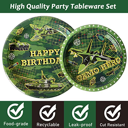Image of 96 Pcs Camo Birthday Plates and Napkins Party Supplies Military Happy Birthday Tableware Set Army Camouflage Party Decorations Favors for Soldier Men for 24 Guests