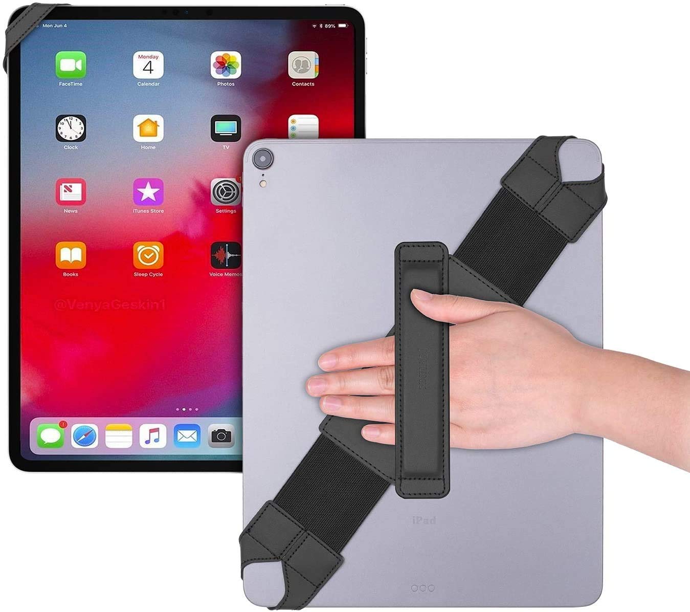 Universal Tablet Hand Strap Holder, 360 Degrees Swivel Leather Handle Grip with Elastic Belt, Secure & Portable for 12.9" Tablets (iPad Pro 2018),Black