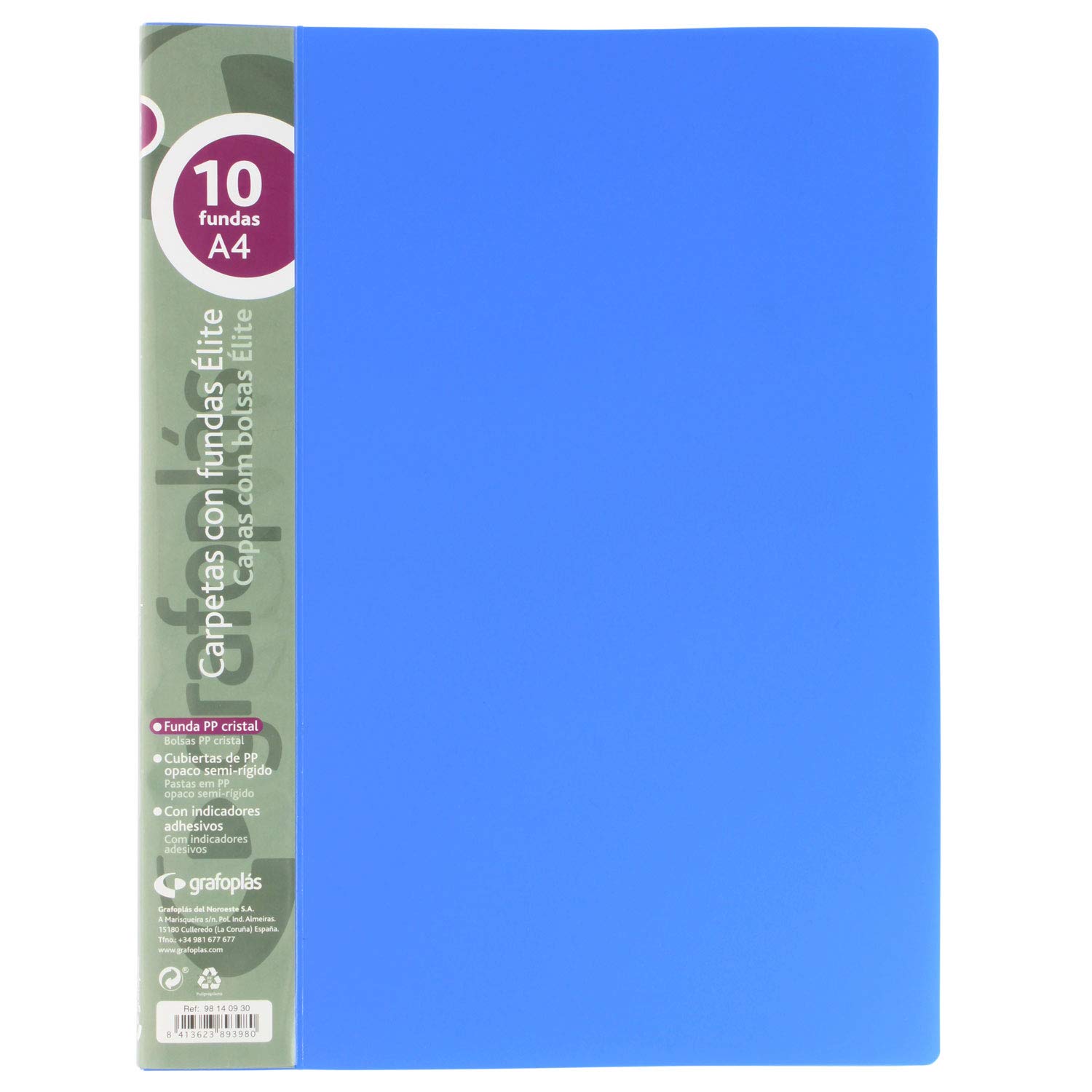 Grafoplás 98140930 Elite Folders with Covers, 10 Polypropylene, Glass, Semi-Rigid Covers, Blue, A4