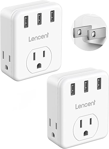 LENCENT Adaptador de 3 clavijas a 2 clavijas, paquete de 2, extensor de 3 tomas de corriente con 3 puertos USB, cargador de pared, divisor extensor