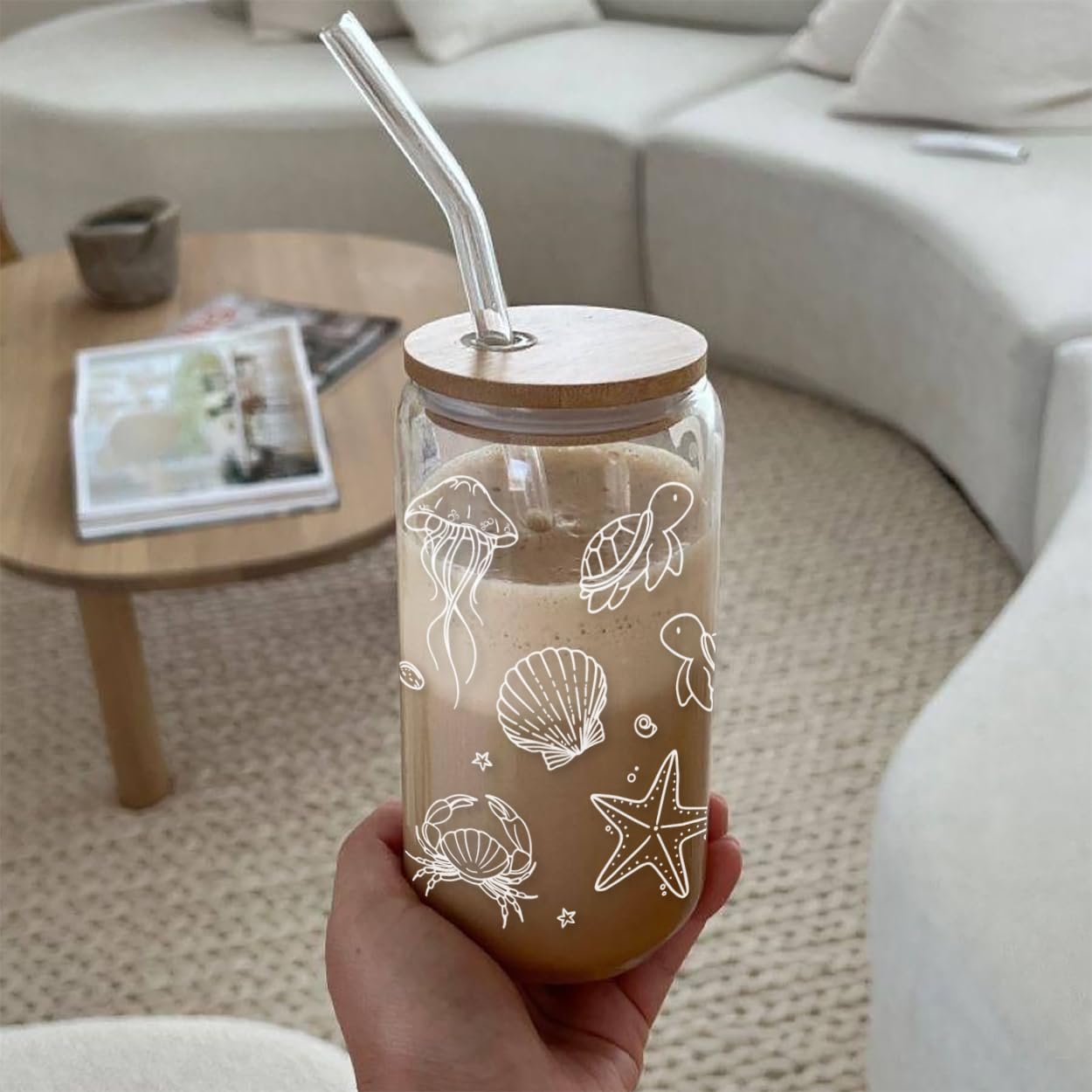 Mikopei Beach Gifts for Women - Ocean Animals Glass Cup with Lid and Straw, Cleaning Brush, Beach Room Decor, Coastal Decor for Home, Beachy Decorations, Iced Coffee Cup Tumbler, 16 oz