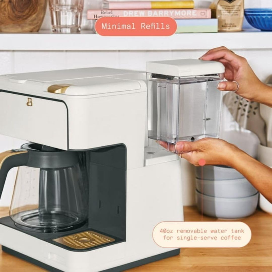 Multi‑Brew Coffee Maker- 12‑Cup Carafe & Single‑Serve (6-14 oz), Pod/Ground Compatible, Over‑Ice, Programmable, Touch Display (White Icing)