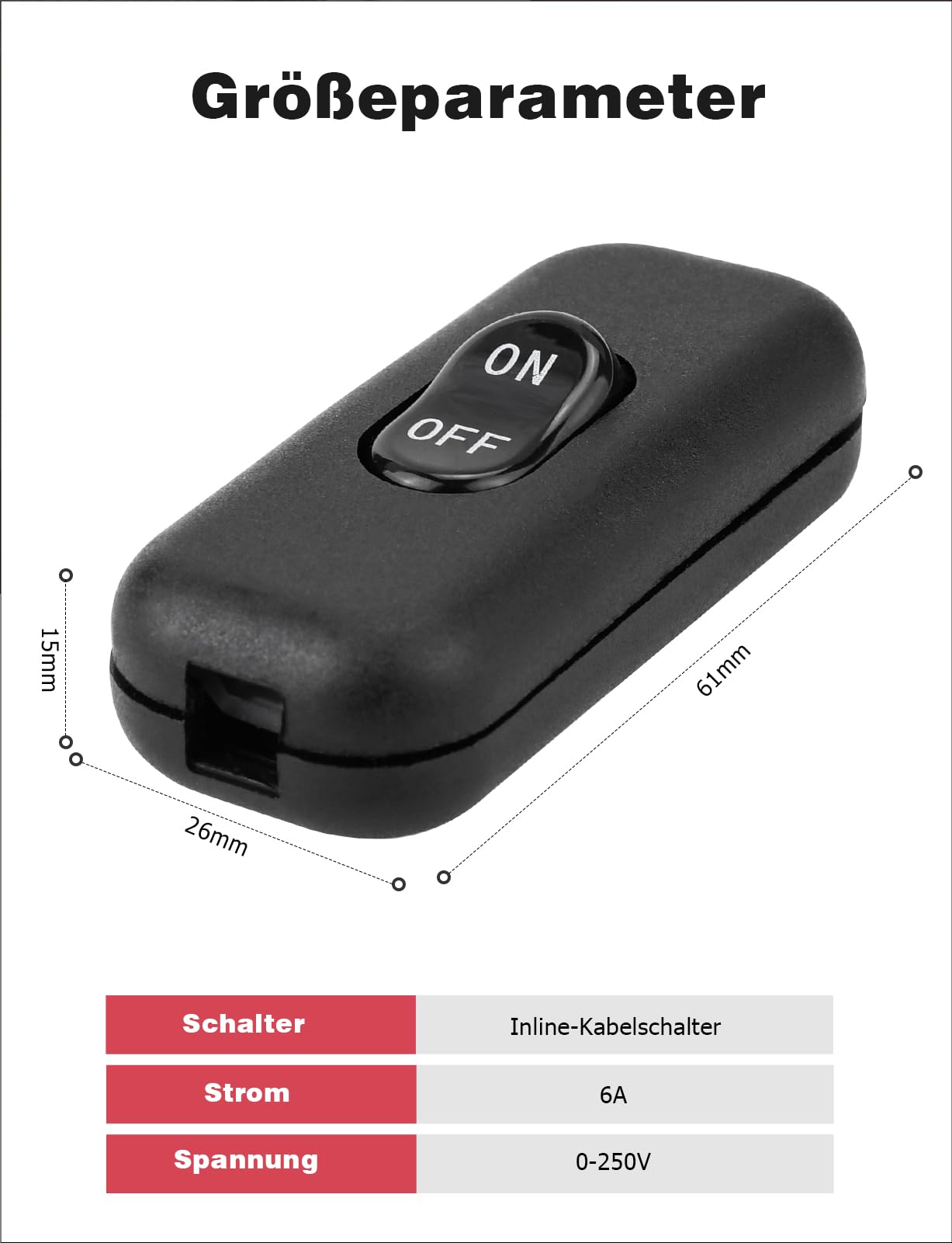Lot de 3 interrupteurs à bascule en ligne 6 A 250 V pour câbles d'alimentation à 2 et 3 fils, compatible avec tous les types de lampes électriques, lampes de table, noir