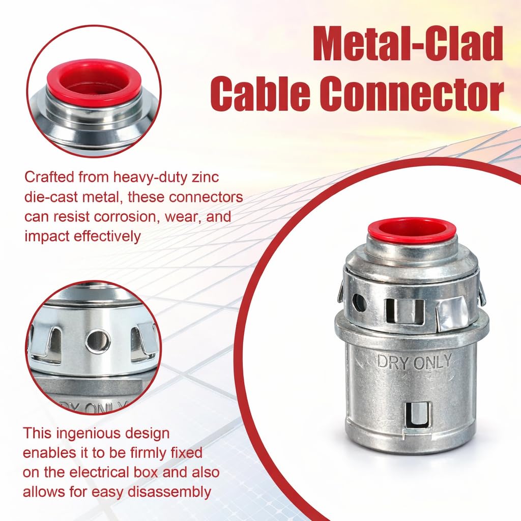 Confezione da 25 connettori per cavi MC da 3/8", connettori per condotti elettrici a scatto, raccordi a scatto da 1/2" per cavi corazzati in acciaio e alluminio