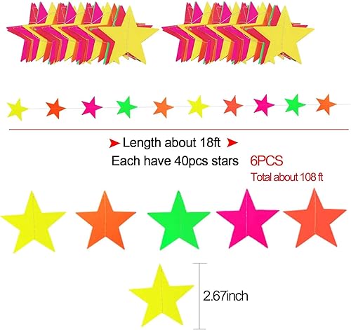 Miniatura 3 de Guirnalda de papel de estrella de neón de 108 pies que brilla en la oscuridad, suministros de fiesta, guirnaldas de papel neón para luz negra