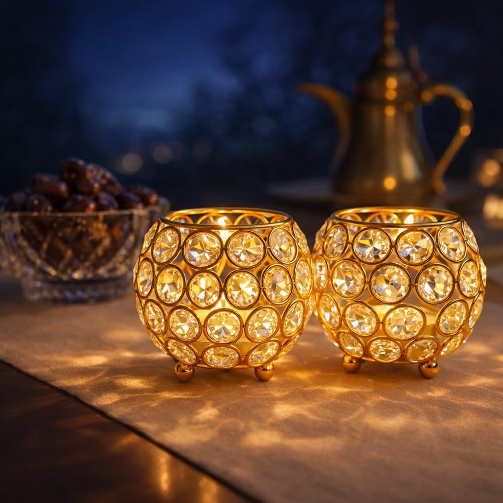 Decoartive Tea Light Crsytal Candle Holder - Pooja Diya Decoration Items Home Diwali Brass Puja Item - Diwali Gift Lantern (Pack of 2) Gold
