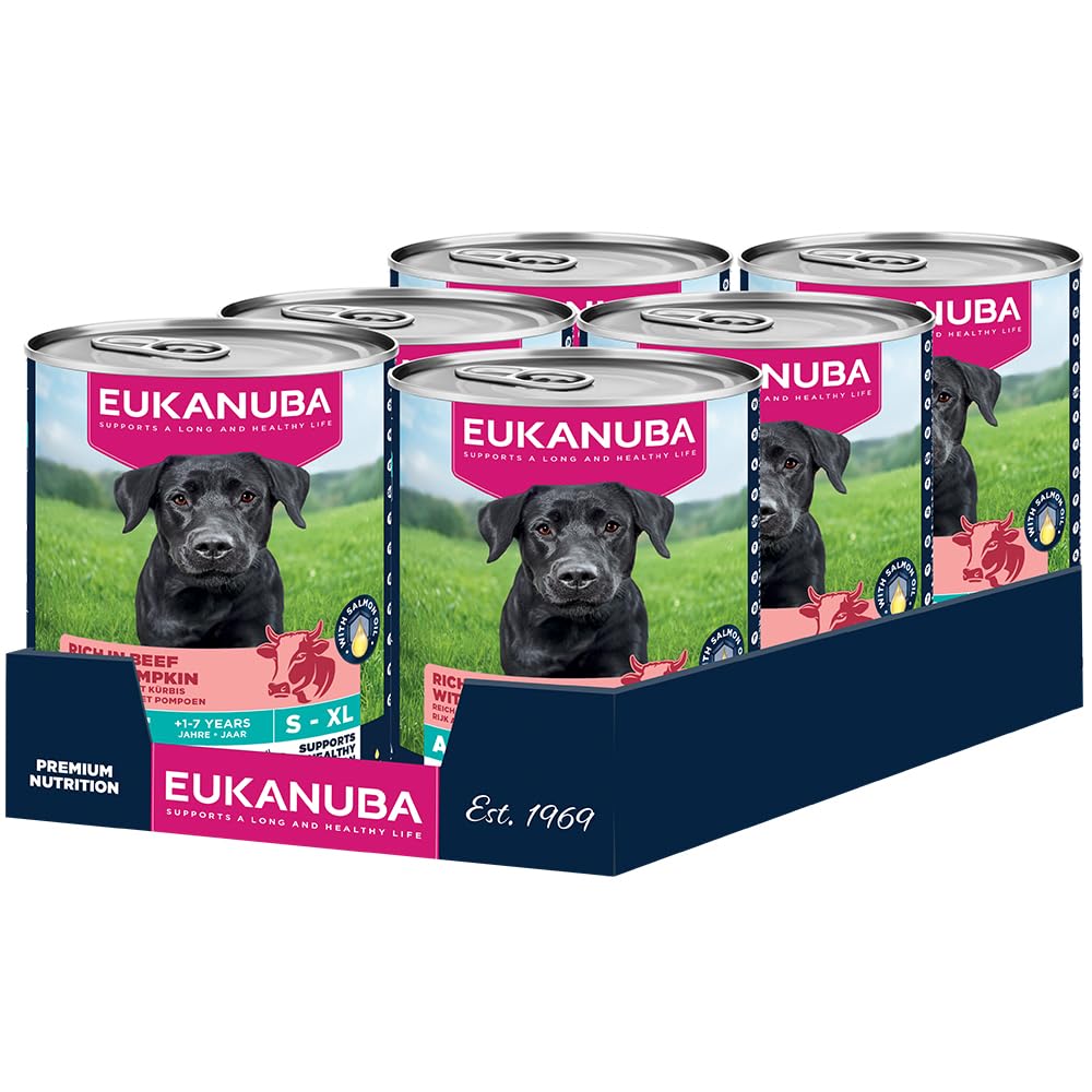 EUKANUBA Life Care Aliment Humide Chien Adulte 1 à 7 Ans Toutes Races, Pâtée Riche en Bœuf & Courges, Oméga-3, Calcium, Prébiotiques MOS, sans OGM Colorants Conservateurs, 6 boîtes de 400g