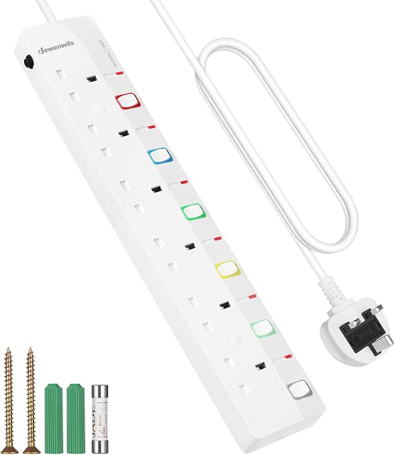 DEWENWILS 6Way Extension Lead with Individual Switches, Surge Protected Extension Cable 3M with Indicator Lights, 13Amp 6Gang Power Strip Lead, Wall Mountable, White