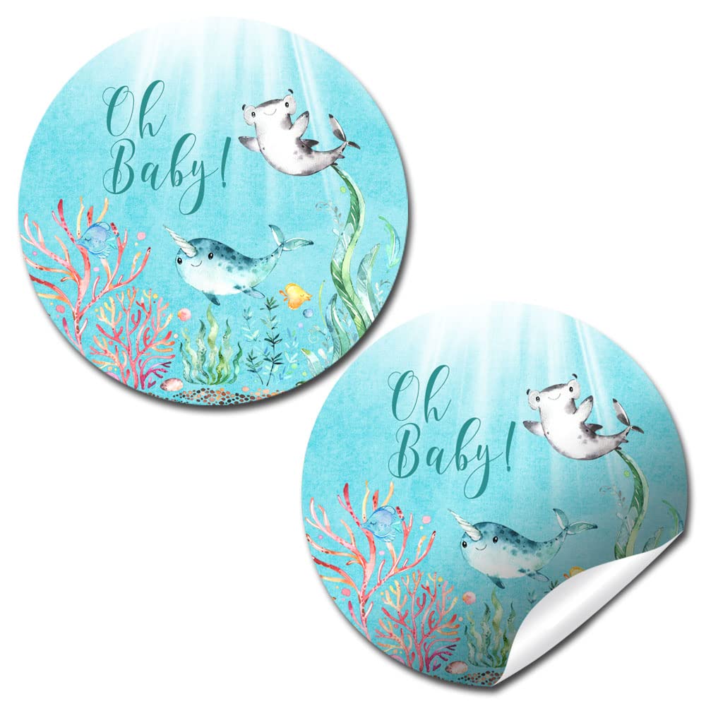 Amanda CreationUnderwater Cute Sea Life Baby Shower Thank You Favor Sticker Labels, 40 2" Party Circle Stickers , Great for Party Favors, Envelope Seals & Goodie Bags