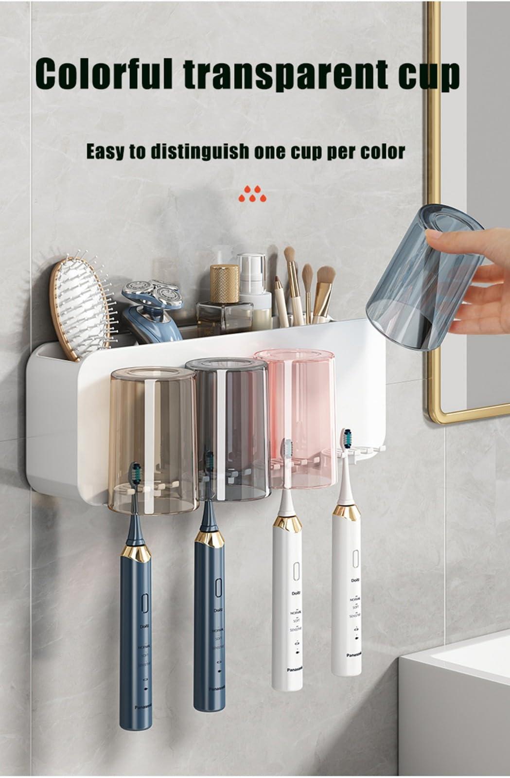 Porta Spazzolino da Muro,Porta Spazzolini Bagno in Plastica, Portaspazzolino Elettrico,con Fessure per Spazzolino,Tazze E Scatola Portaoggetti Cosmetica,Salvaspazio E Estetica,4 Cups