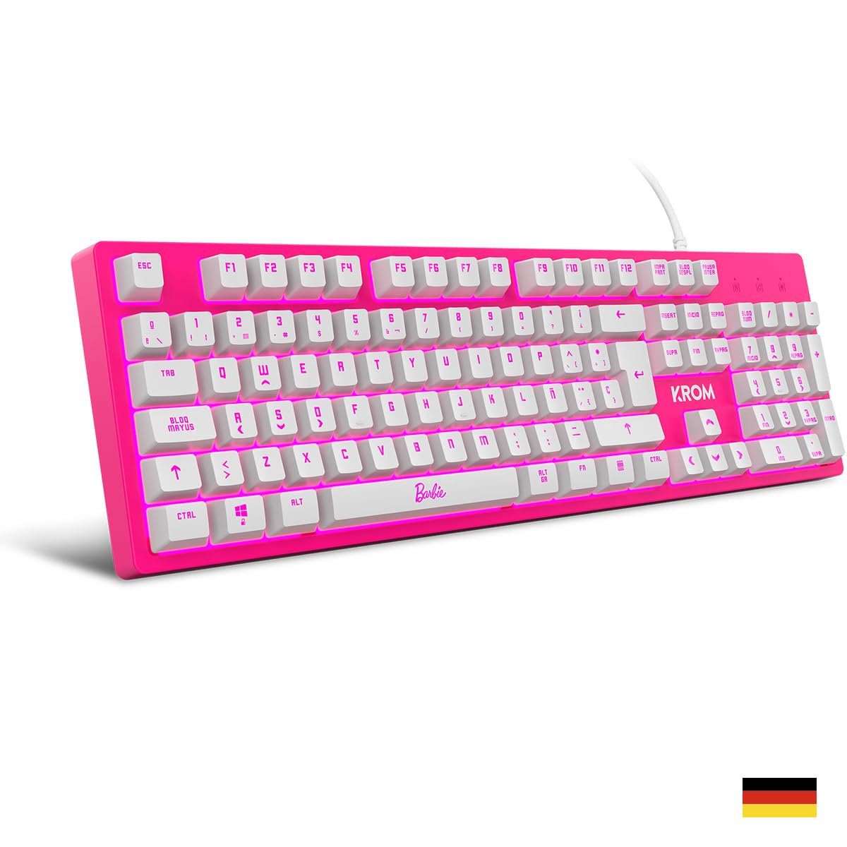 KROM Kit Tastatur, -Maus und -Mausunterlage Barbie Edition KANDY - Weiße LED-Membrantastatur, Maus optischem Sensor 6400 DPI, Mause-Matte hat eine Gummibasis, Deutsch layout, pink
