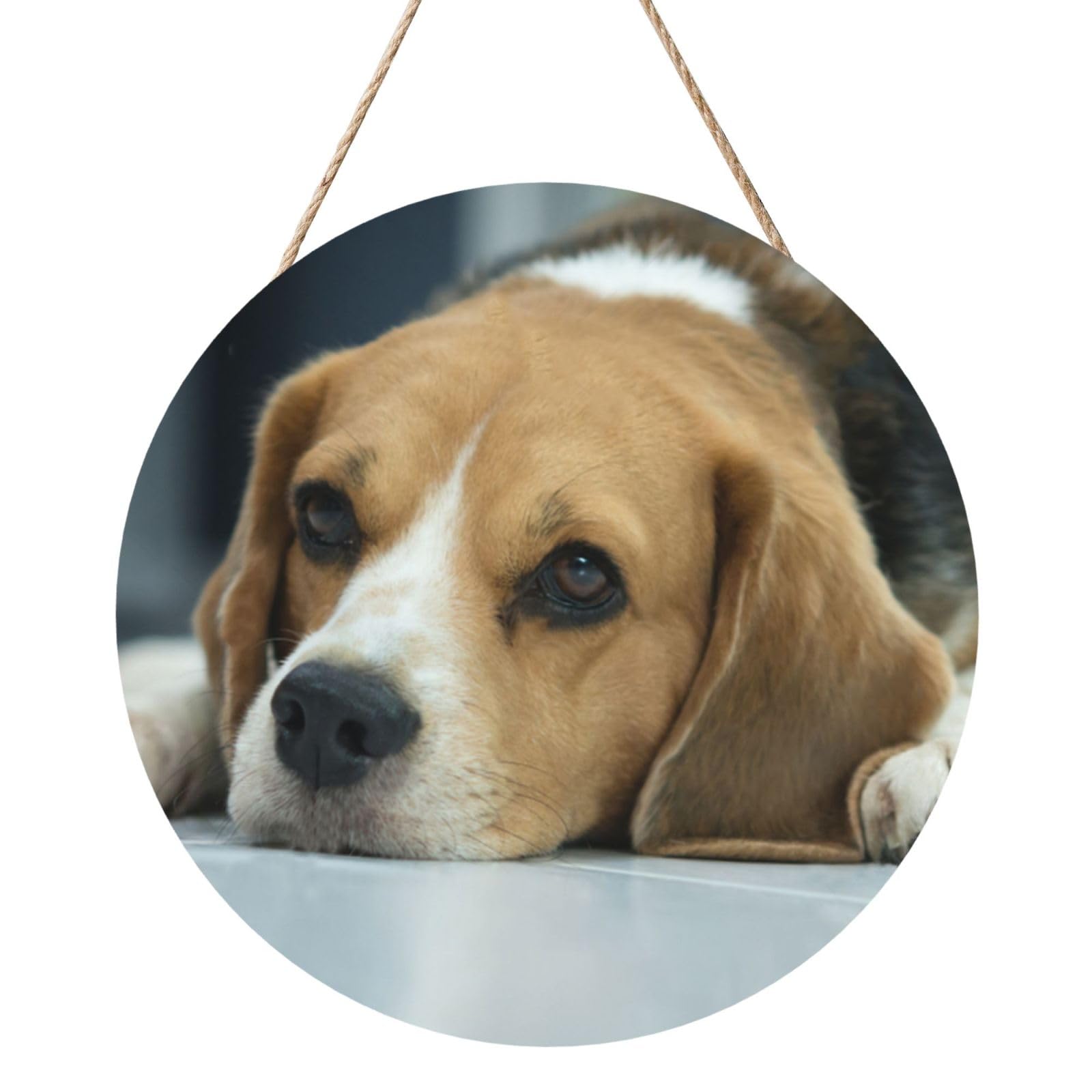 InOmak Cute Beagle Dog Lies On Floor, Round Wood Panel Painting 12 in, Wall Hanging Painting For Home