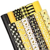 Whaline 12Pcs Summer Bee Faux Leather Sheets Black Yellow Plaids Synthetic Fabric Craft Leather Sunflower Glitter Printed Leather for Earrings Headbands Jewelry Wallet Making DIY Craft
